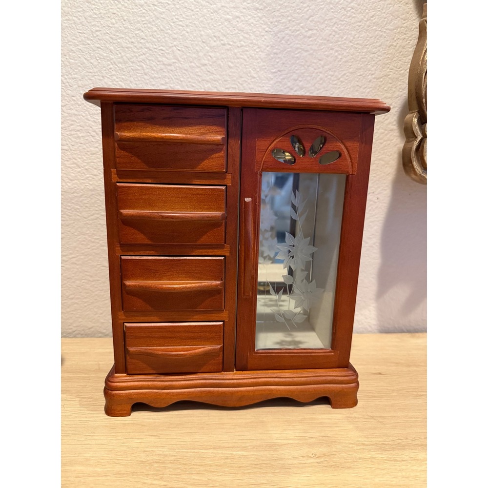 Vintage Wooden Jewelry Armoire Etched Glass Floral Door Cherry Finish Organizer